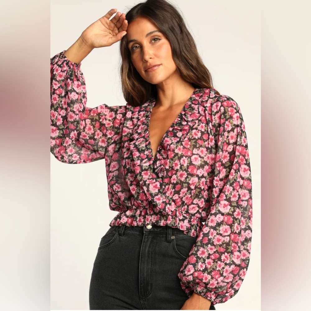 Lulus Floral Report Black Floral Print Ruffled Long Sleeve Top